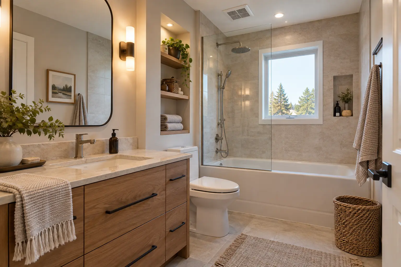 Completed Canadian bathroom with tiled shower oak vanity and layered lighting