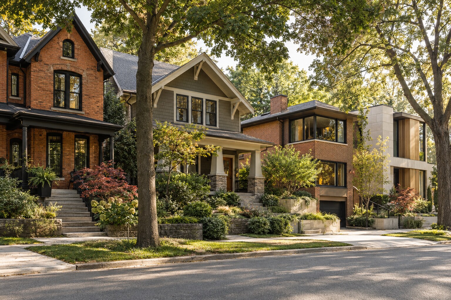 Canadian streetscape showing Victorian, Arts and Crafts, mid-century and contemporary homes