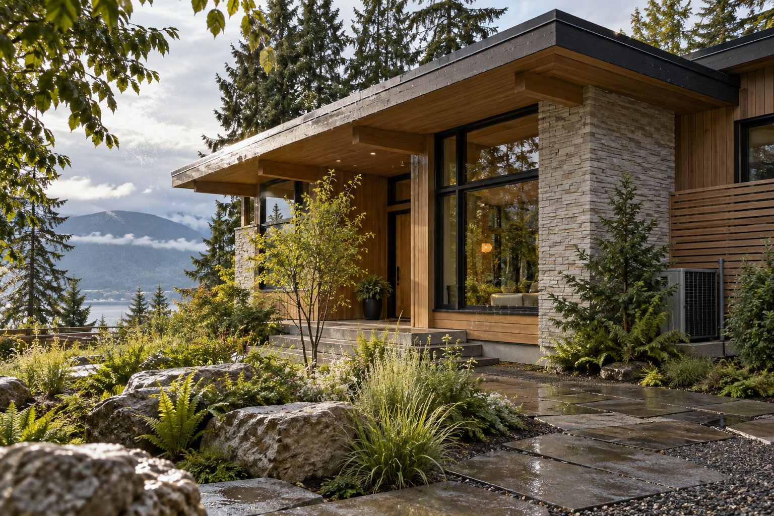 Climate-ready Canadian home with deep overhangs, durable materials and native landscaping