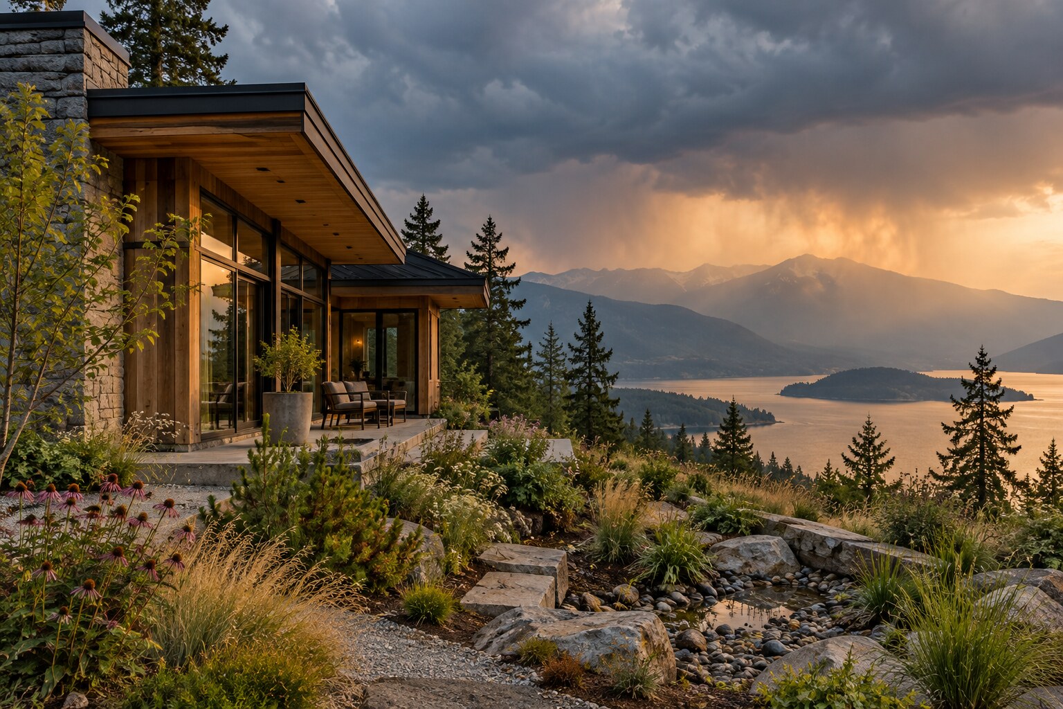 Resilient Canadian home with deep eaves, native planting and a rain garden