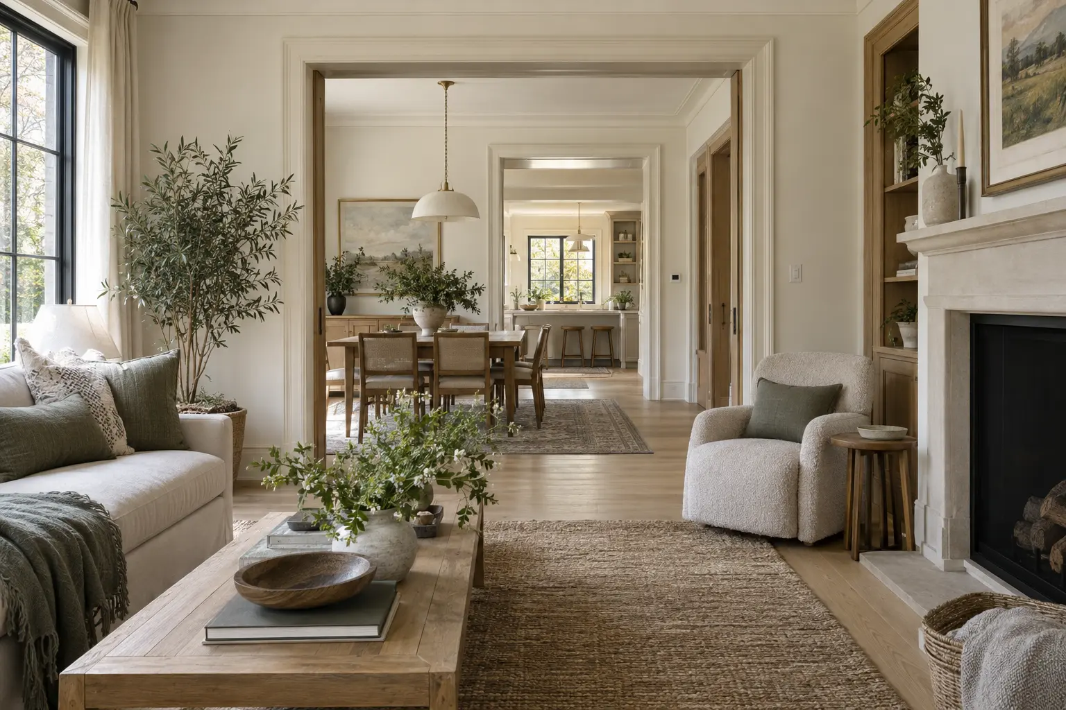 Cohesive light-filled interior with repeated oak, warm white and soft green materials