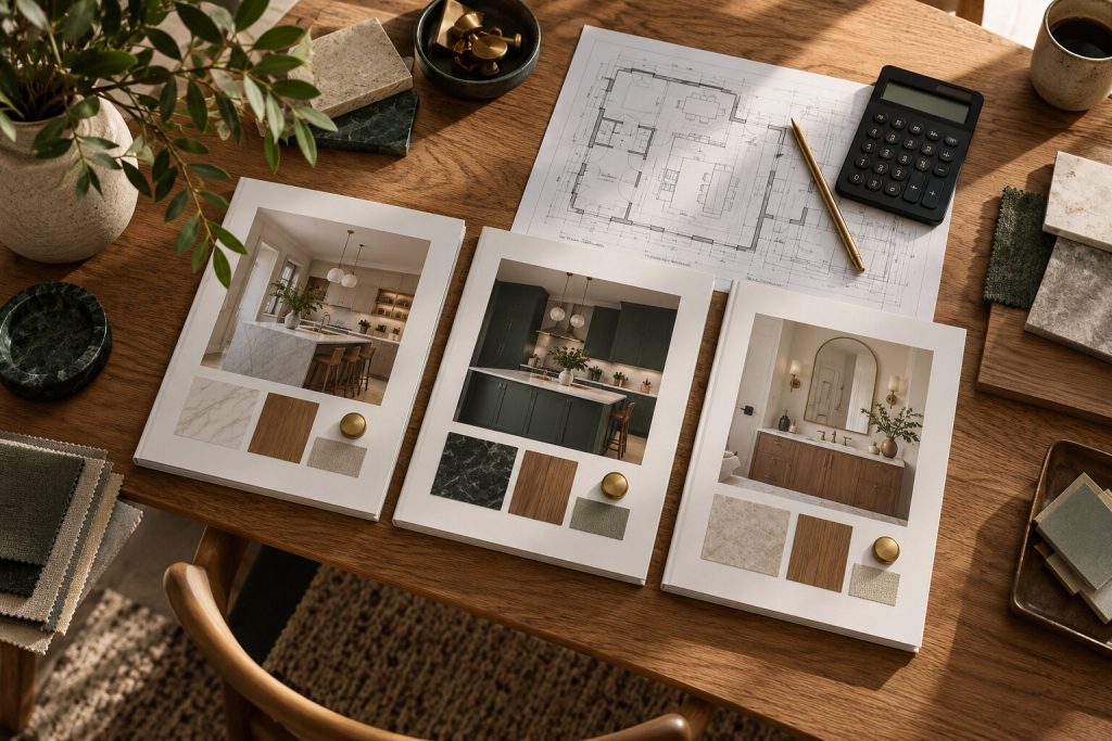 Renovation proposals, calculator, floor plan and material samples organized for comparison