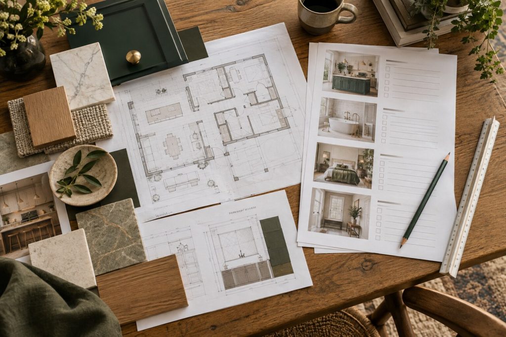 Architectural drawings, room checklist and finish samples for a renovation scope of work