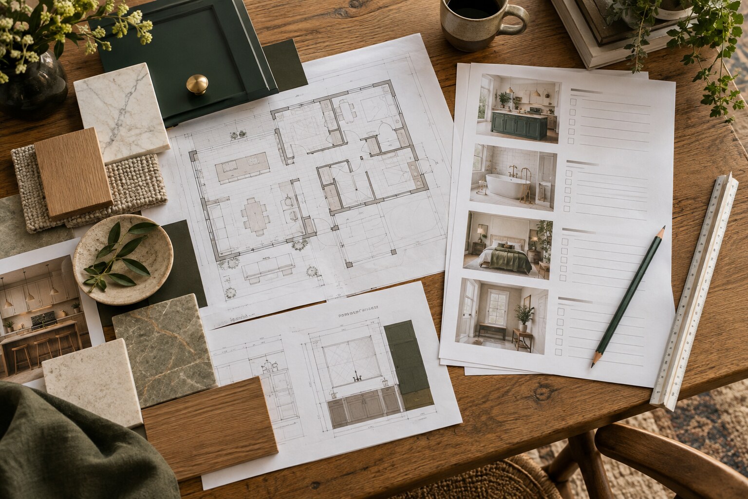 Architectural drawings, room checklist and finish samples for a renovation scope of work