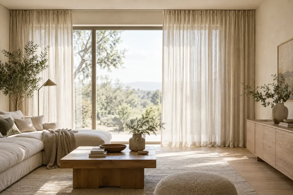 Tall linen curtains mounted close to the ceiling and extended beyond a bright window frame