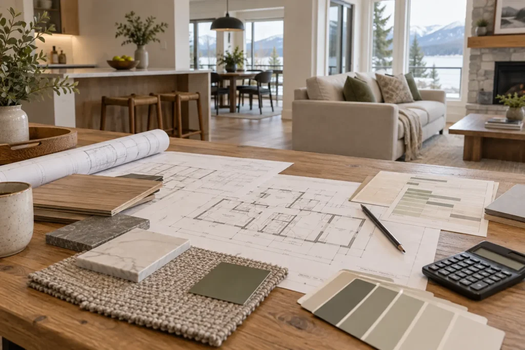 A pre-renovation plan, schedule and material samples reviewed together.