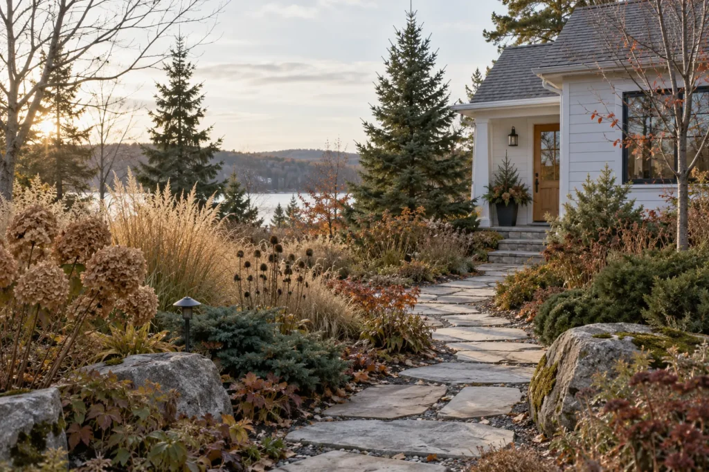 A Canadian garden with evergreen structure and late-season texture.