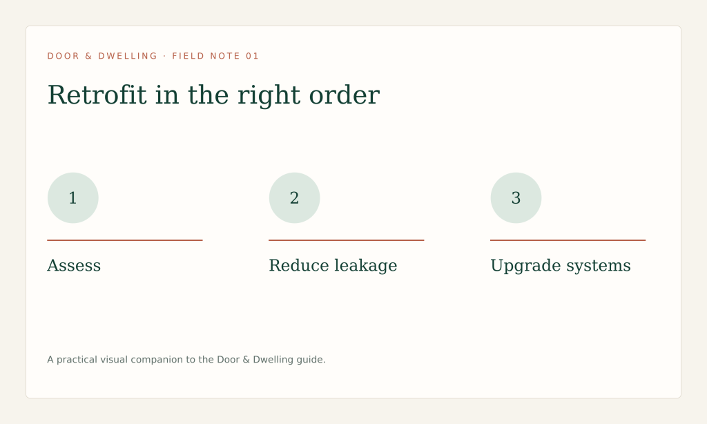 Assess first, reduce leakage and loads, upgrade systems, then verify the result.