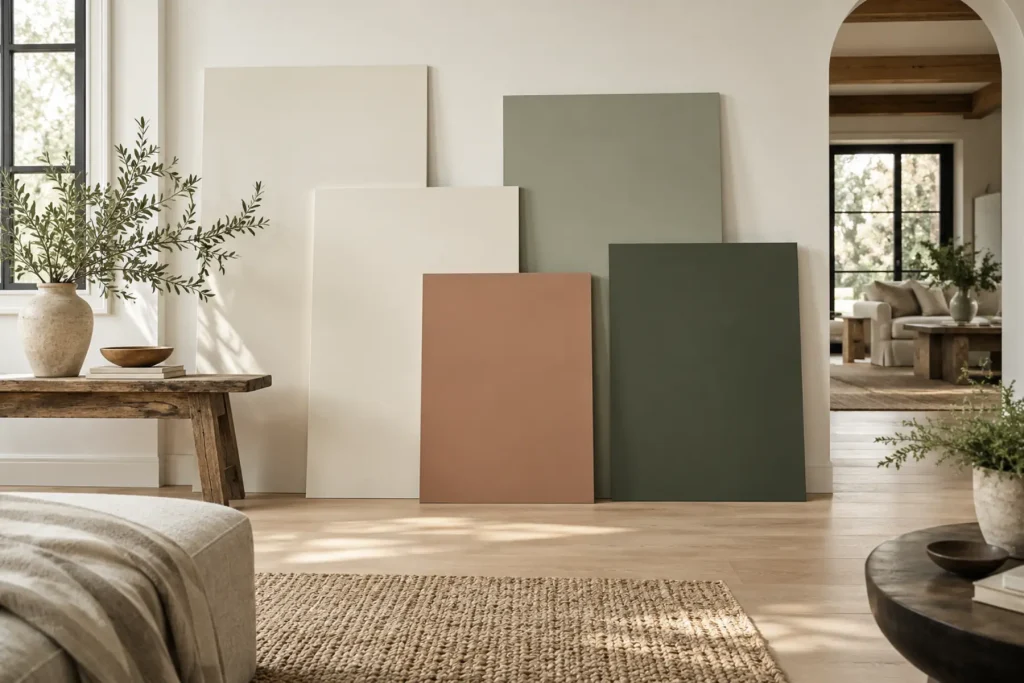 Whole-home paint samples considered beside fixed finishes.