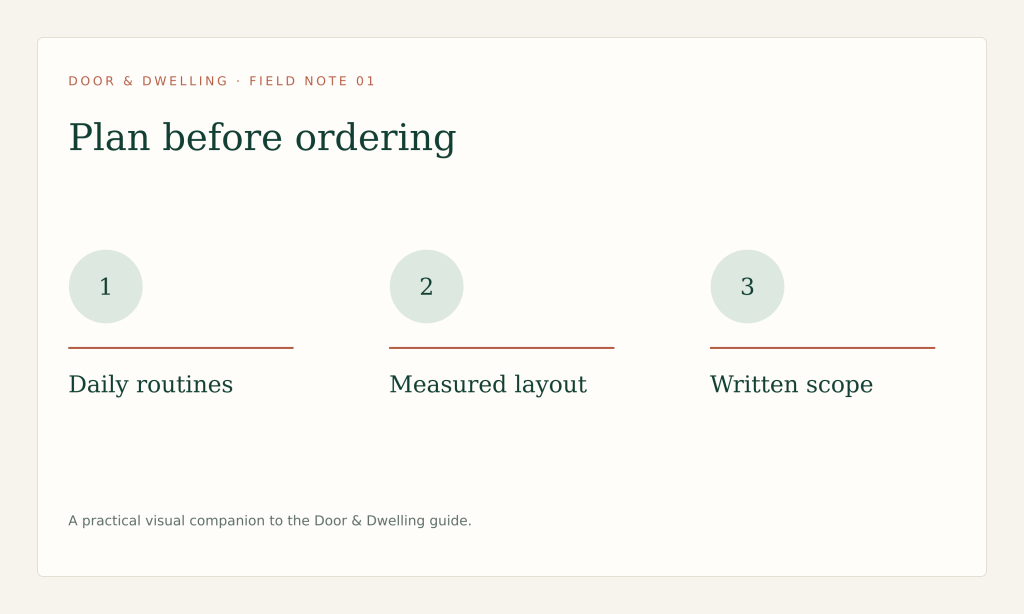 Document routines, measured layout, appliances, lighting, ventilation, finishes and scope before ordering.