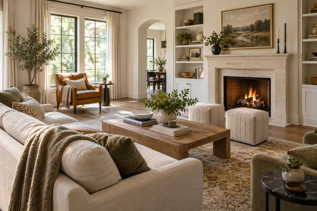 A living room arranged for conversation, reading and clear movement.