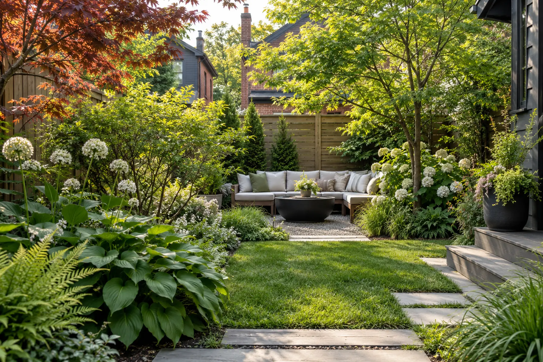 A compact city garden with layered planting and a clear destination.