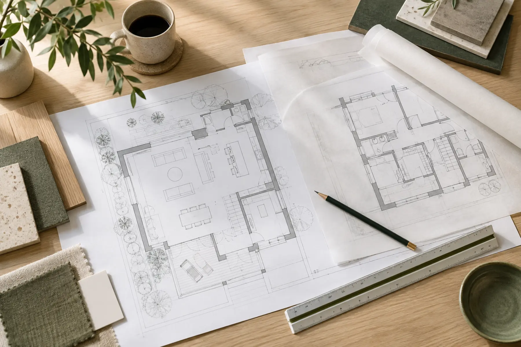 A measured floor plan and material samples prepared for renovation planning.