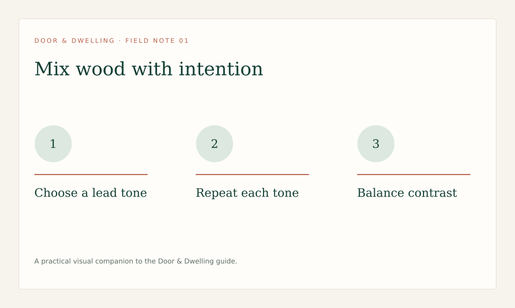 Choose a lead wood, repeat supporting tones and vary grain scale without scattering contrast.