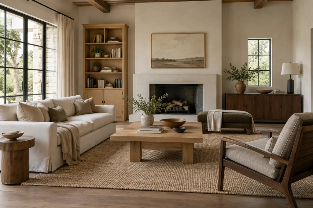 Warm wood tones balanced in a light interior.