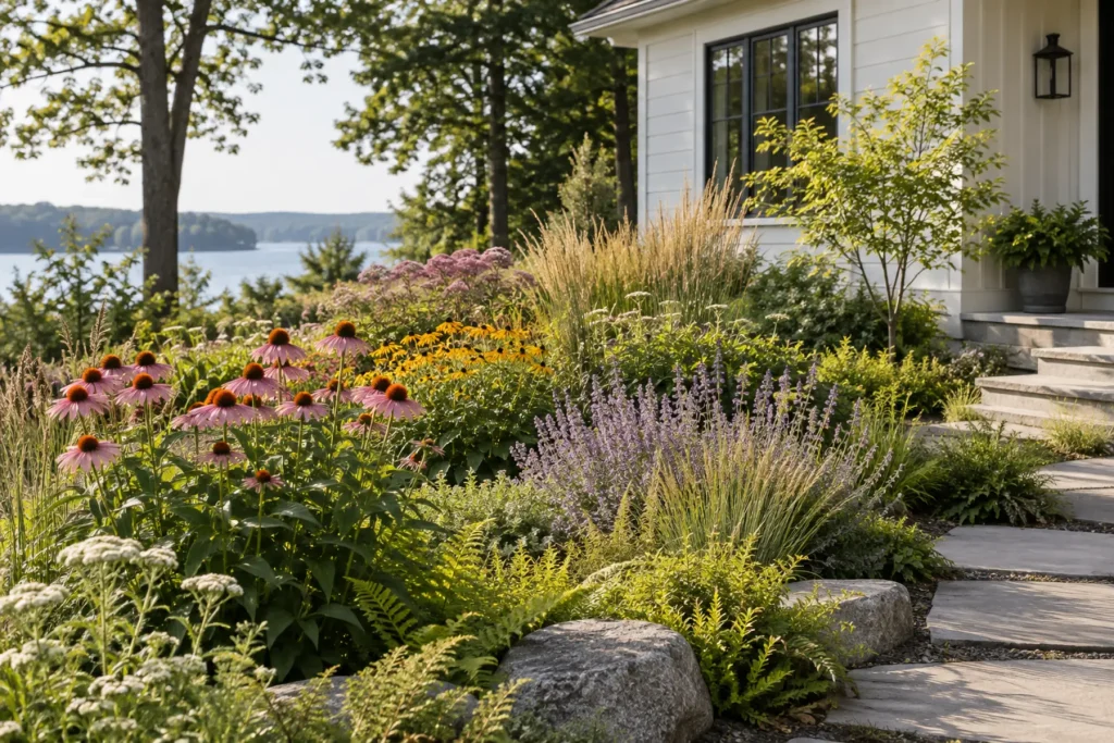 Layered flowering plants and grasses in an Ontario garden.