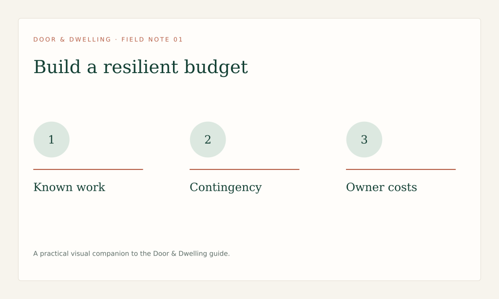 Separate known work, allowances, owner costs and contingency, then revisit the budget before commitments.