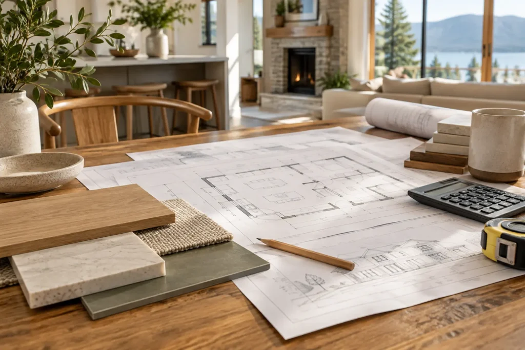 A renovation budget reviewed with drawings and finish samples.