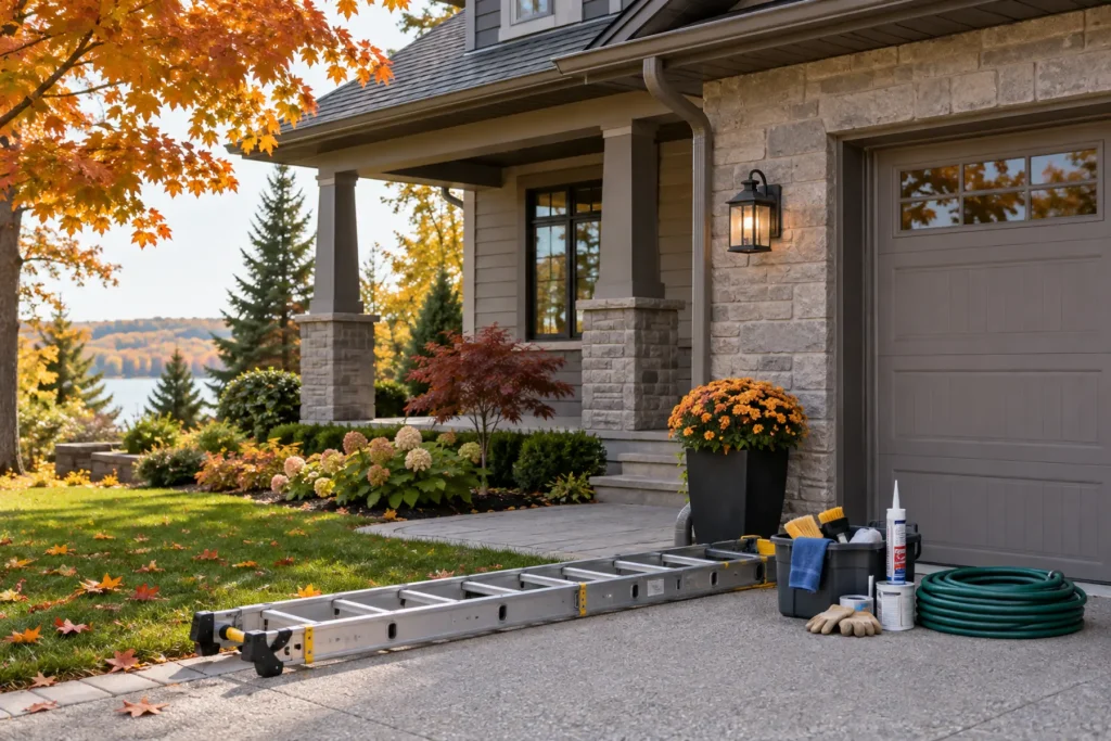 A Canadian home prepared for seasonal exterior maintenance.