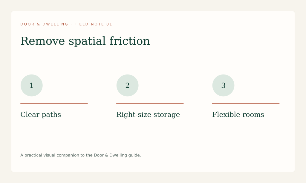 Remove daily friction with clear paths, right-sized storage, flexible rooms and easy reset.