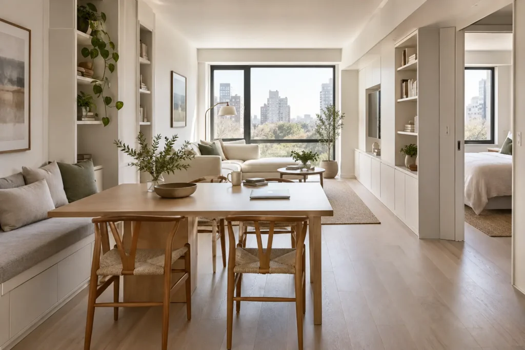 A compact apartment with built-in storage and flexible furnishings.