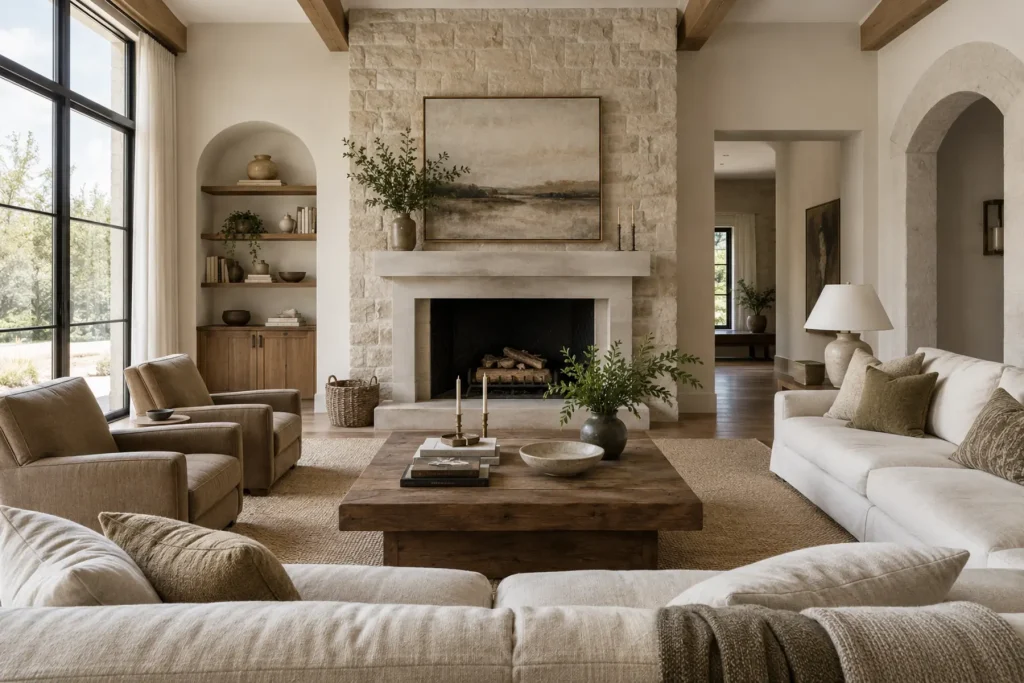 A restrained light-filled interior built from durable natural materials.