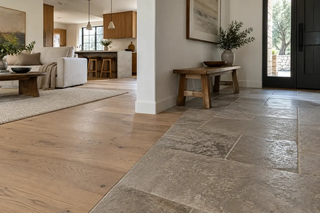 Organized flooring samples including wood tile cork and resilient materials in a bright renovation studio