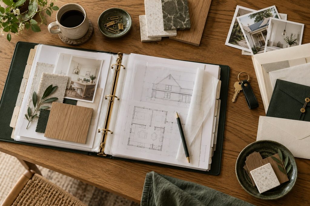 Organized renovation record binder, drawings, warranty envelopes, photographs and house key