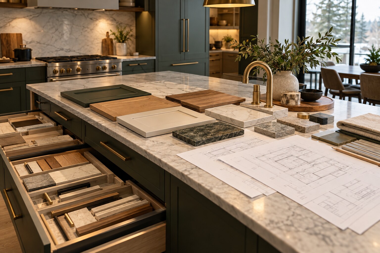Kitchen renovation plans, cabinet finishes, stone samples and fixtures arranged for review