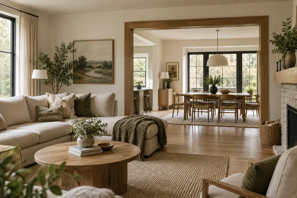 Bright Canadian home with connected living zones separated by partial walls and wide openings