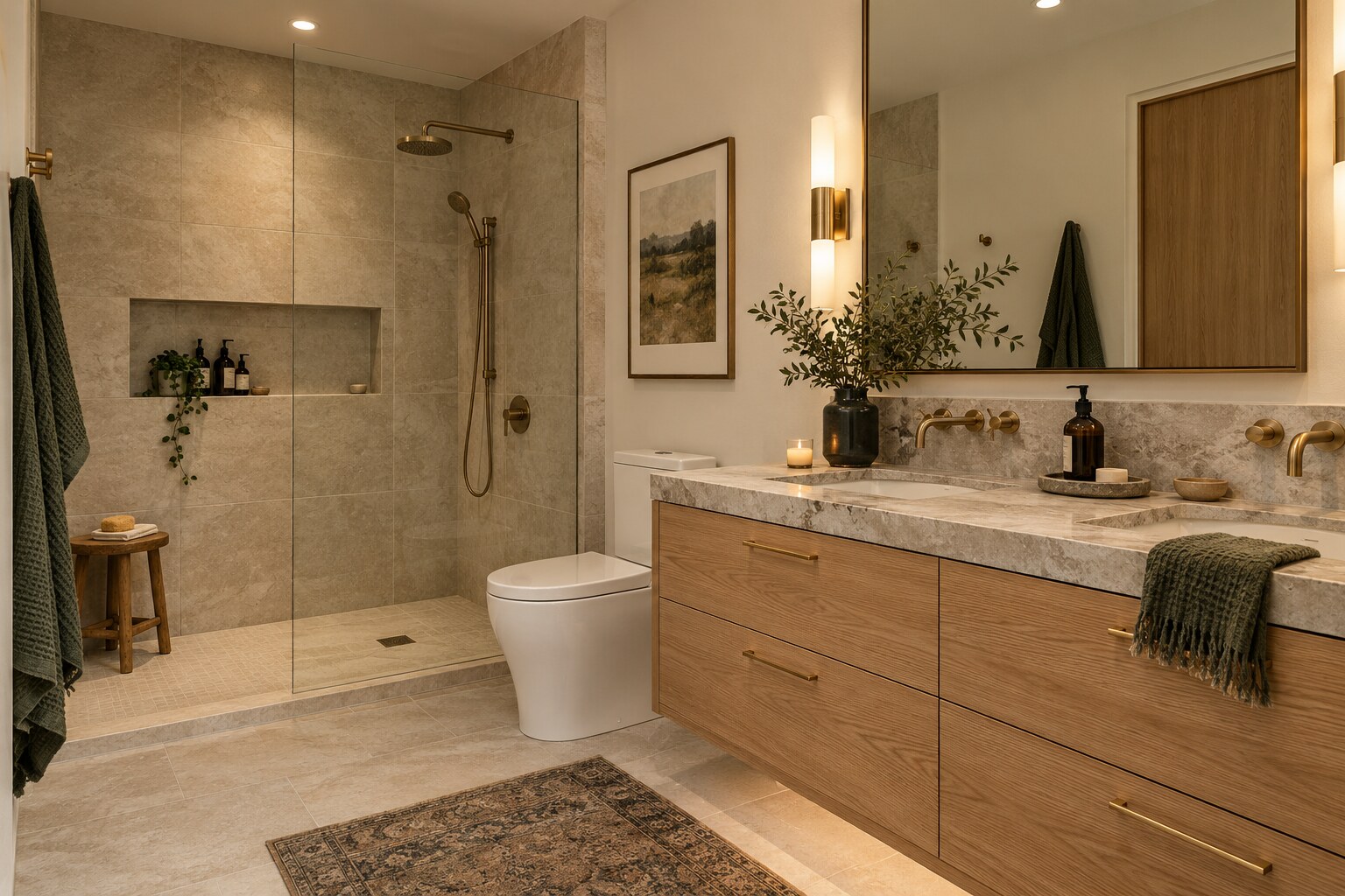 Warm contemporary Canadian bathroom with limestone-look tile and a white oak vanity