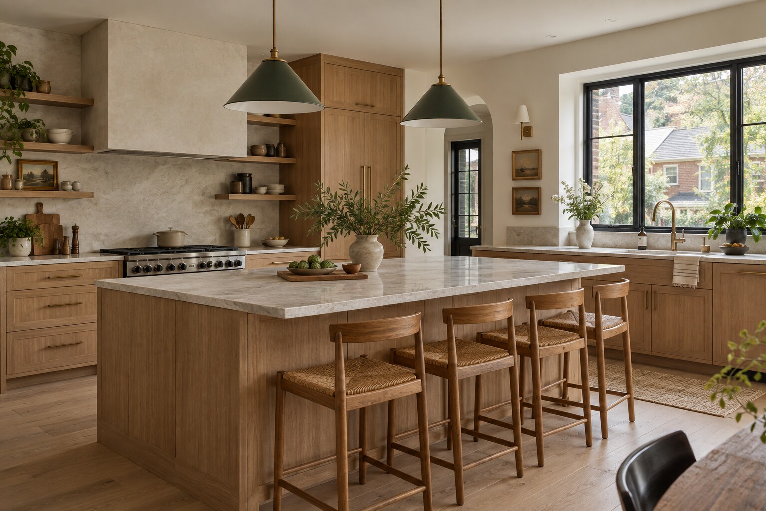 Warm white oak kitchen renovation with a large stone island in a Canadian family home