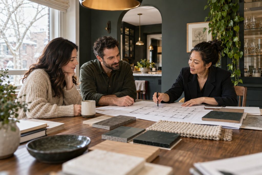 Homeowner meeting with an architect and renovation contractor around a planning table