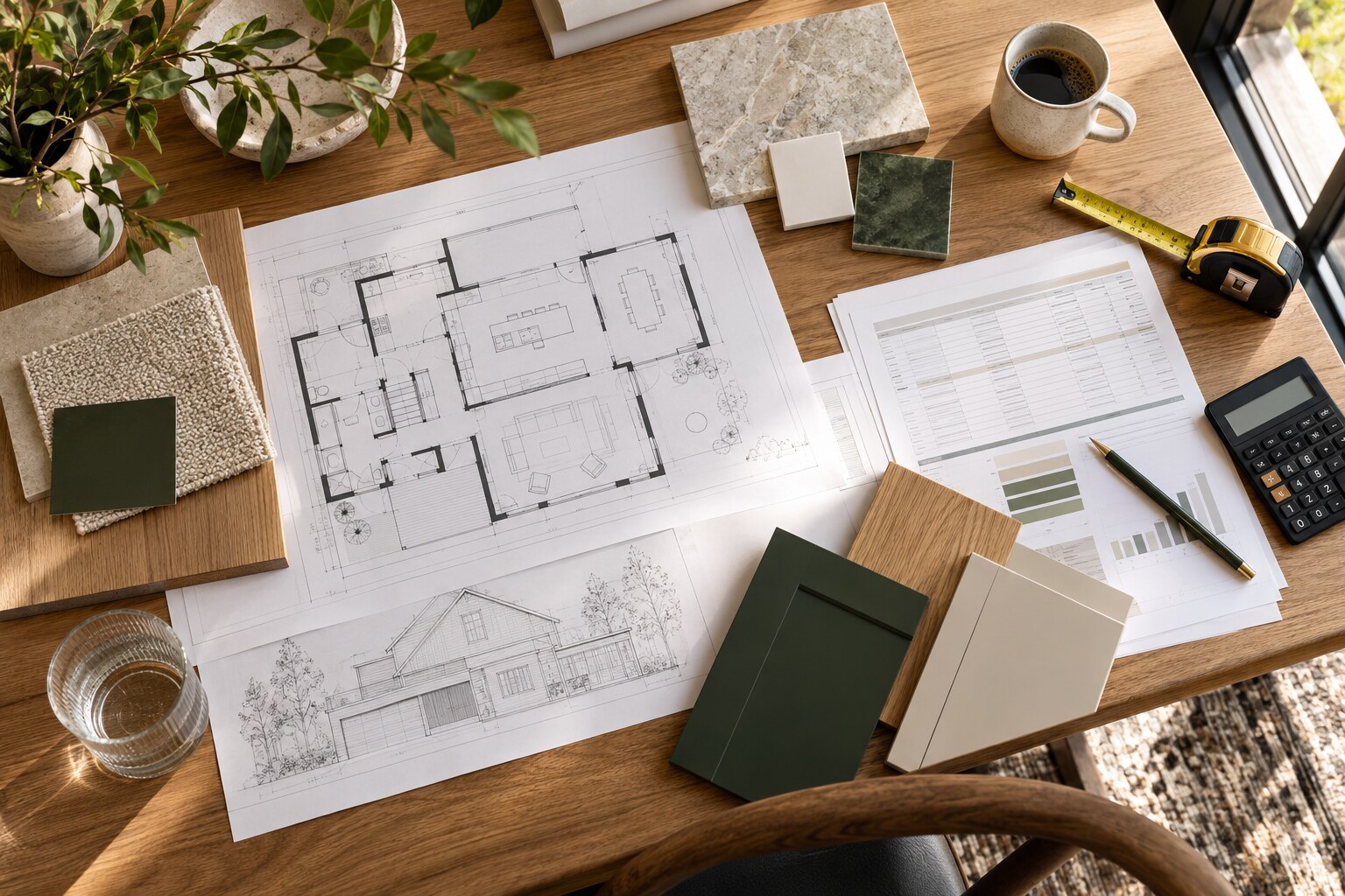 Renovation drawings, budget worksheet, calculator and material samples arranged on an oak table