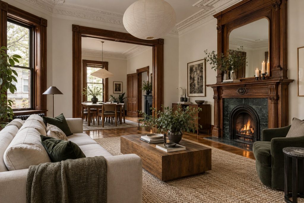 Sensitively renovated Victorian interior retaining original trim, plaster details and fireplace
