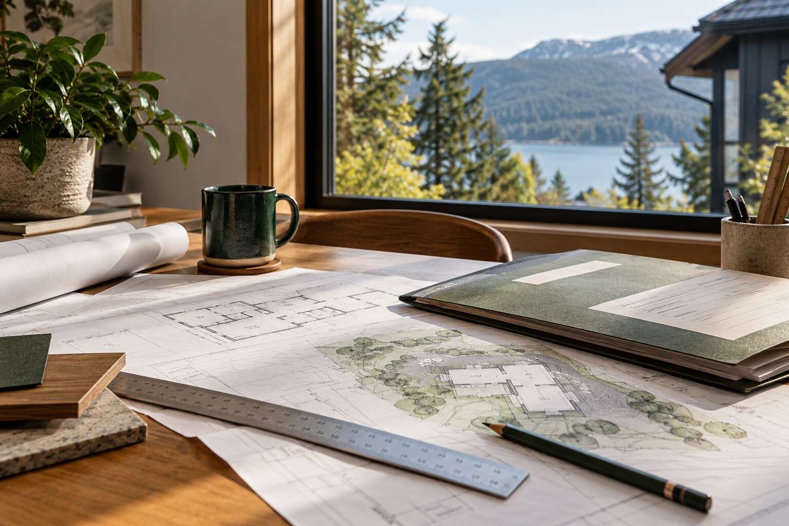 Architectural plans, ruler and permit folder arranged on a professional worktable