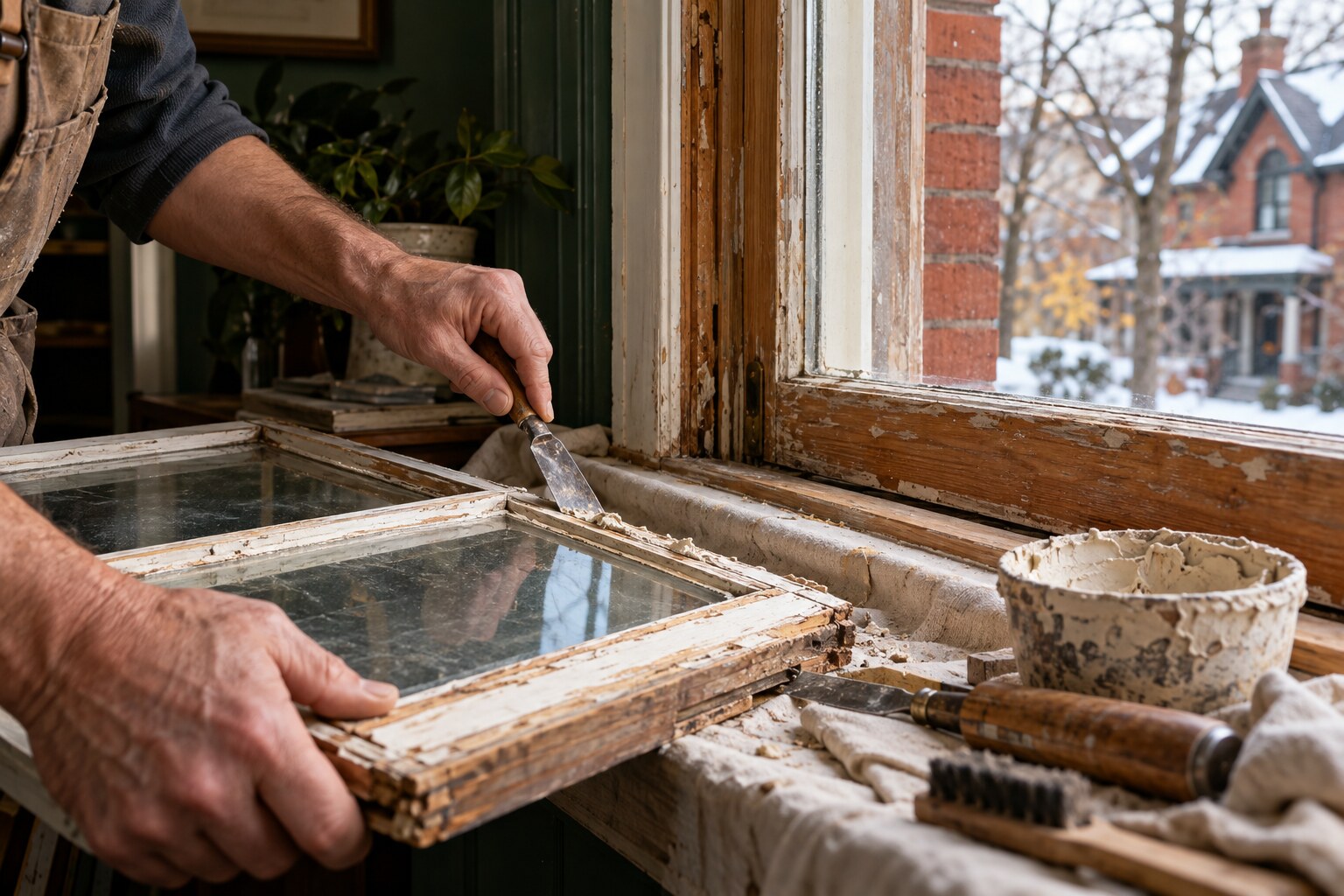 Craftsperson restoring an original wood sash window in an older Canadian home