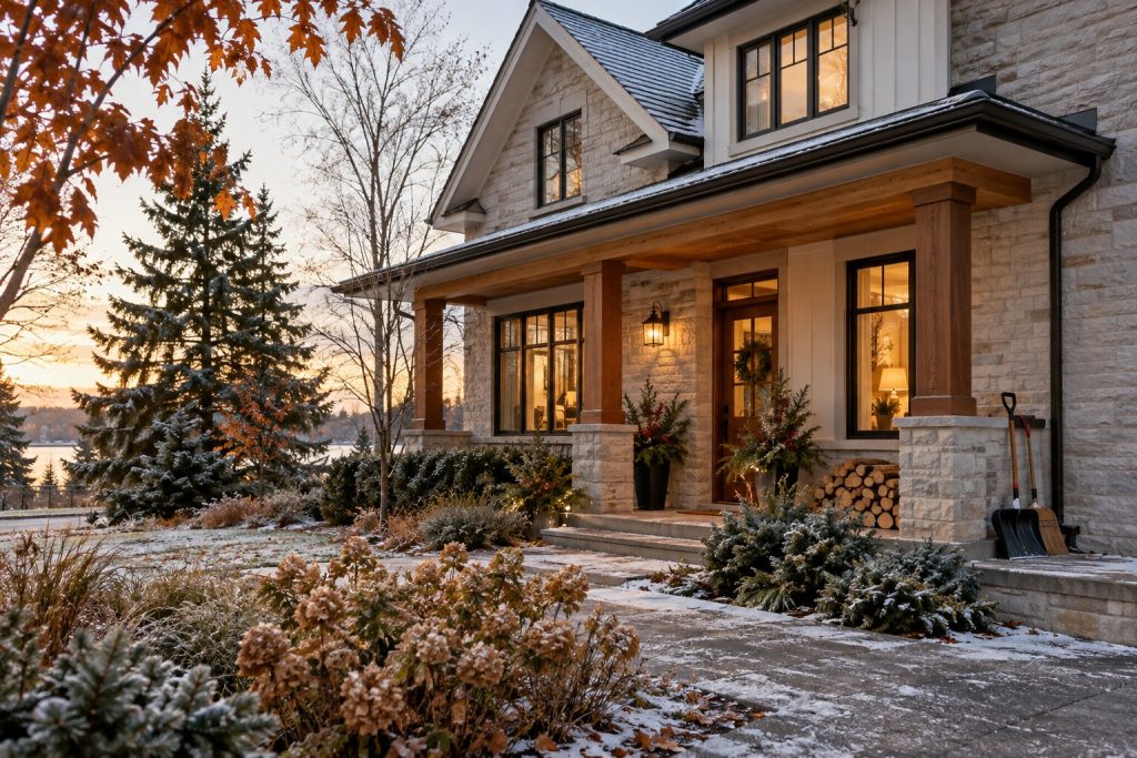 Well-maintained Canadian home and garden during the transition from autumn to winter