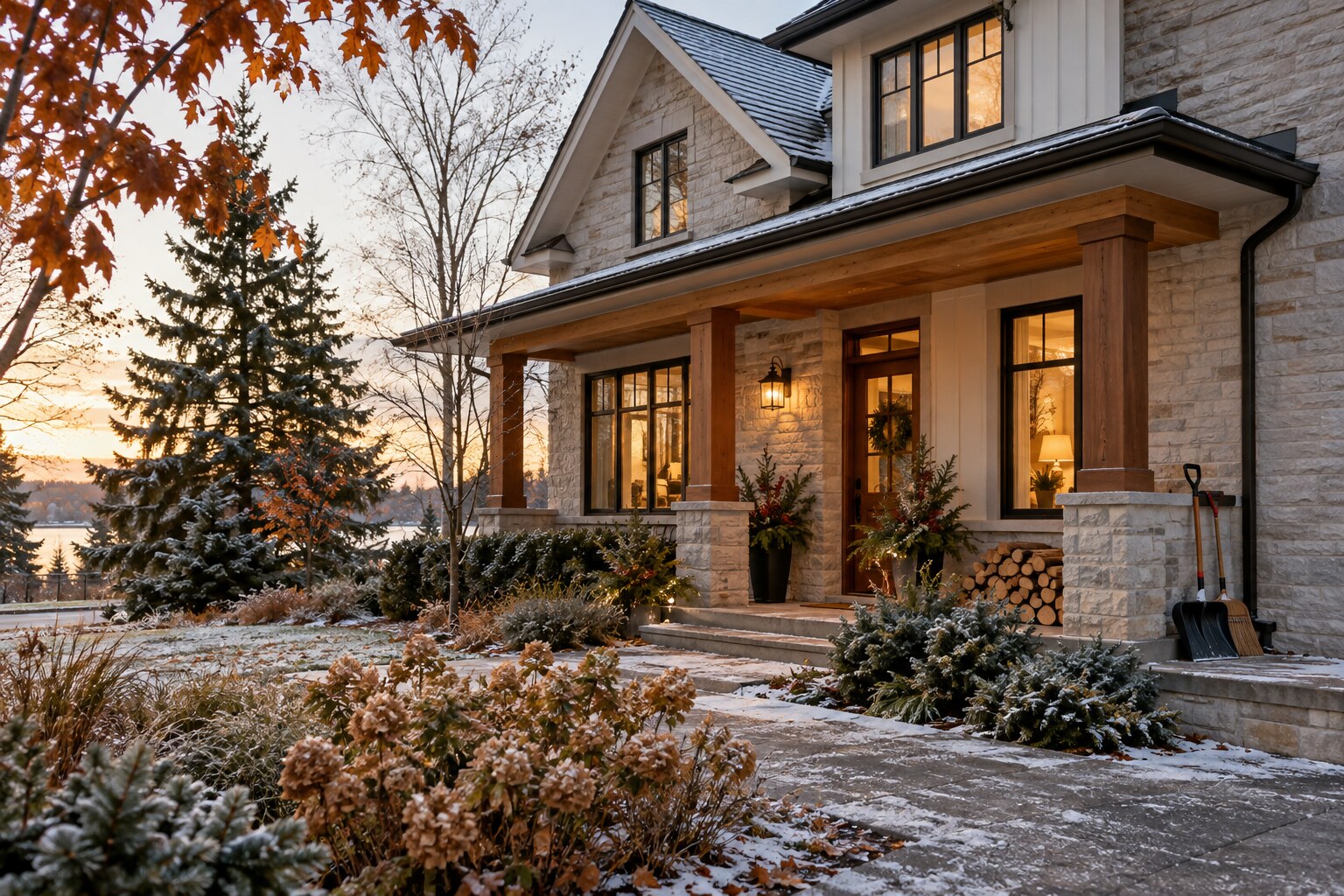 Well-maintained Canadian home and garden during the transition from autumn to winter
