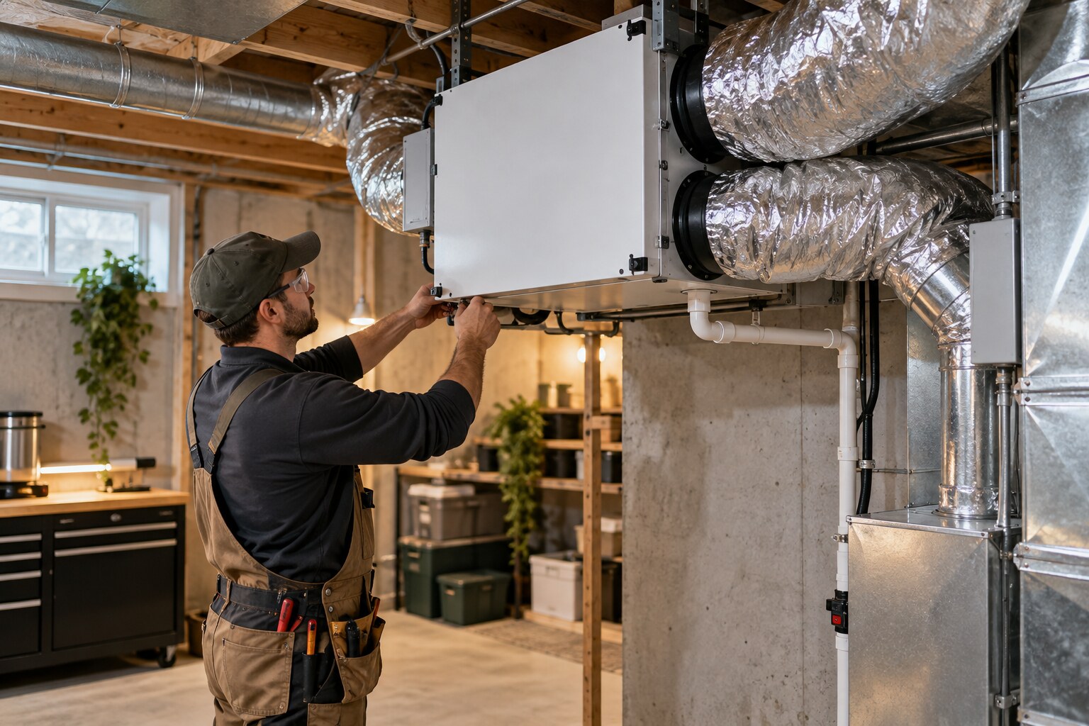 Residential heat-recovery ventilator and ductwork in a Canadian mechanical room